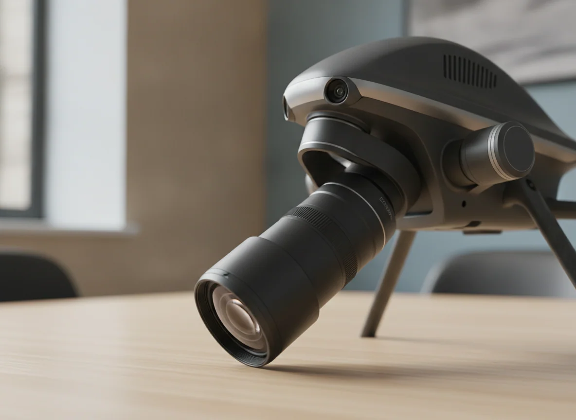 A close view of a drone's gimbal camera and large lens tilting downward while the aircraft sits on a table