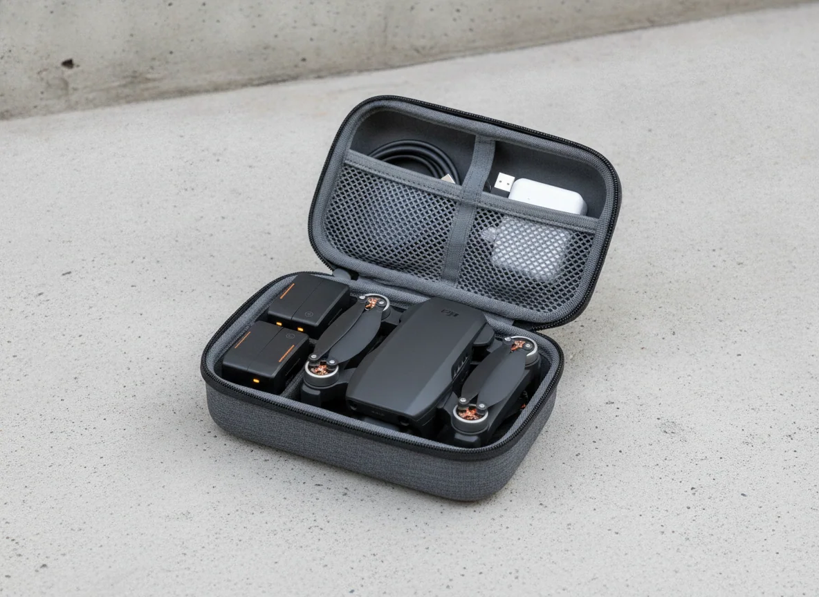 A folded compact drone, two batteries, and a charging cable packed neatly into a small zippered travel case