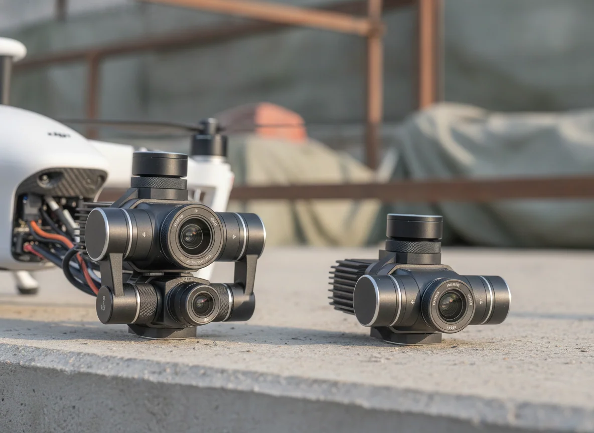 Two drone camera assemblies close together, one carrying three lenses and the other two