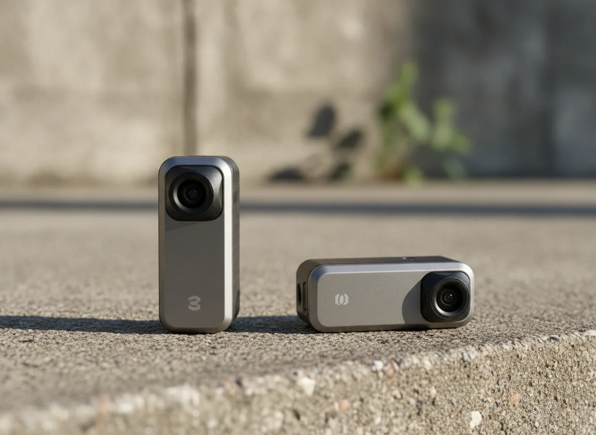 Two compact drone cameras close together, one gimbal able to rotate upright and one fixed level
