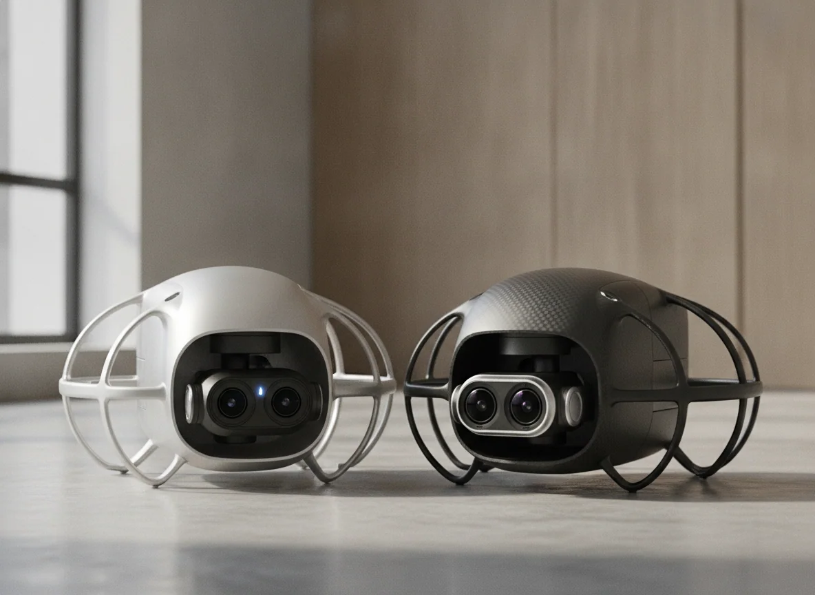 Two drones with rounded twin-lens cameras side by side, showing their different body and guard shapes
