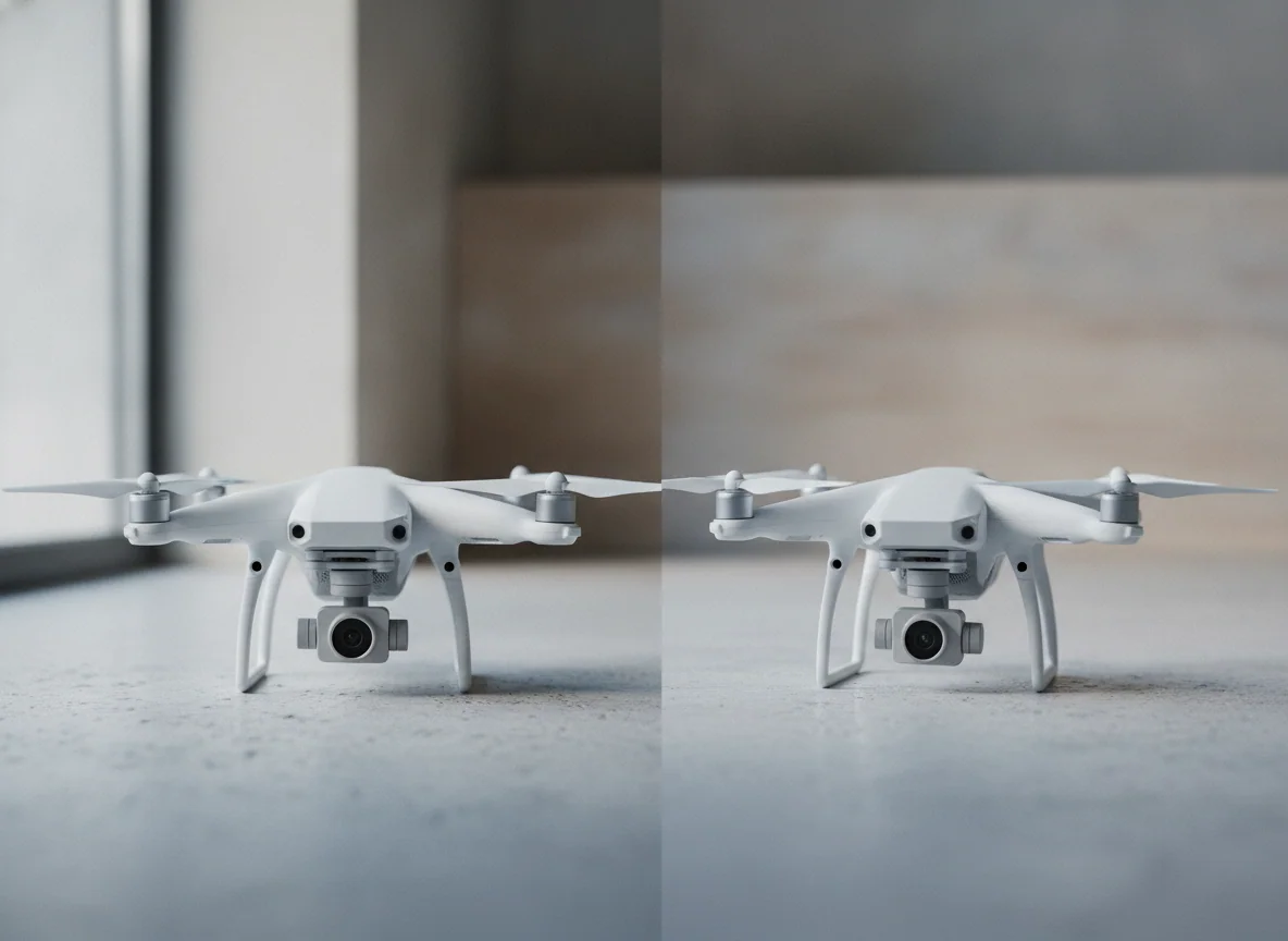 Two budget drones side by side showing the difference between a fixed camera housing and a small gimbal