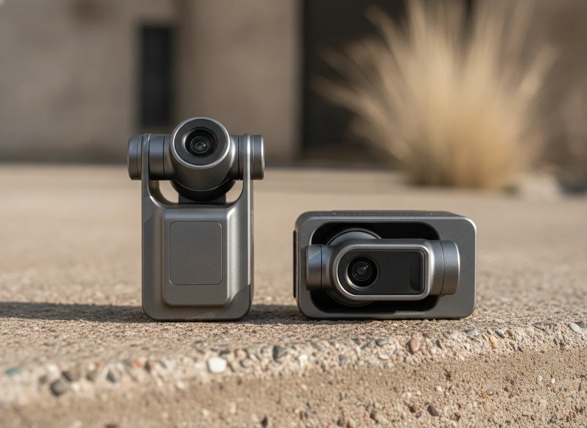 Two compact drone cameras close together, one gimbal able to rotate upright and one fixed level