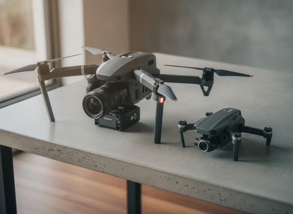 Two drones close together on a table, one clearly larger with a full gimbal camera underneath