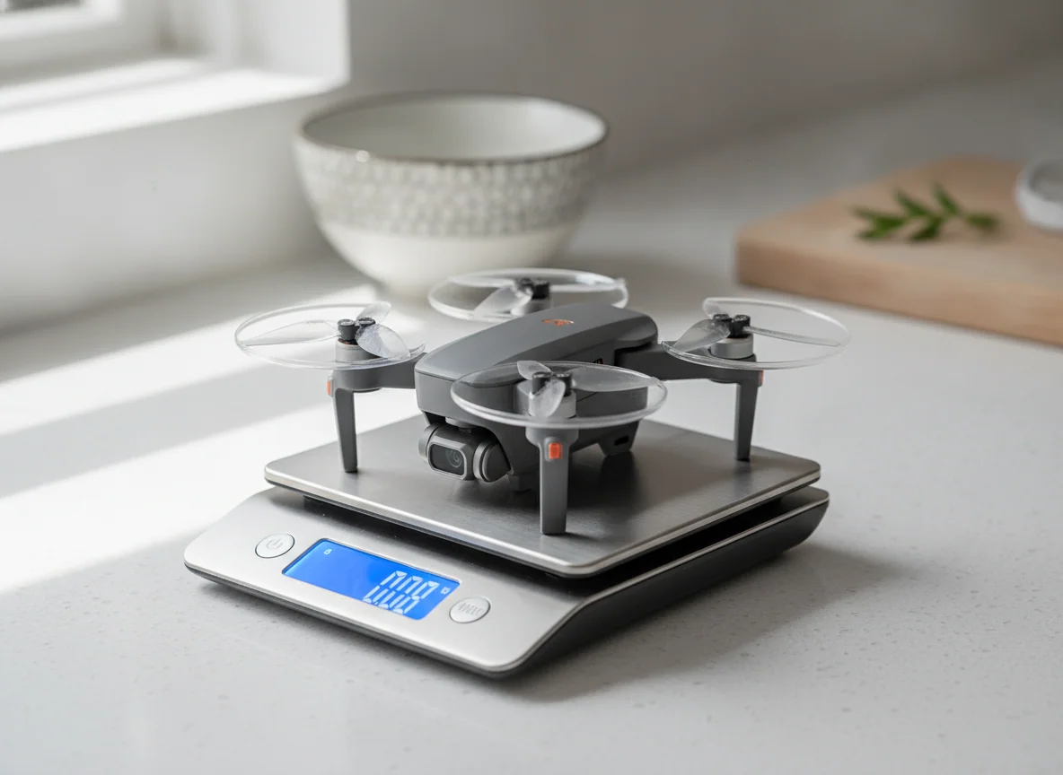 A tiny folding drone sitting on a kitchen scale showing a low reading, arms folded, propellers tucked in
