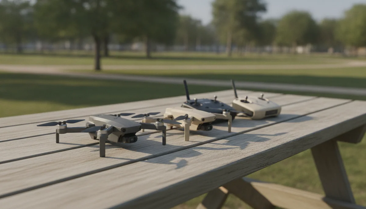 Two affordable folding drones set out on a picnic table in a park with their controllers behind them
