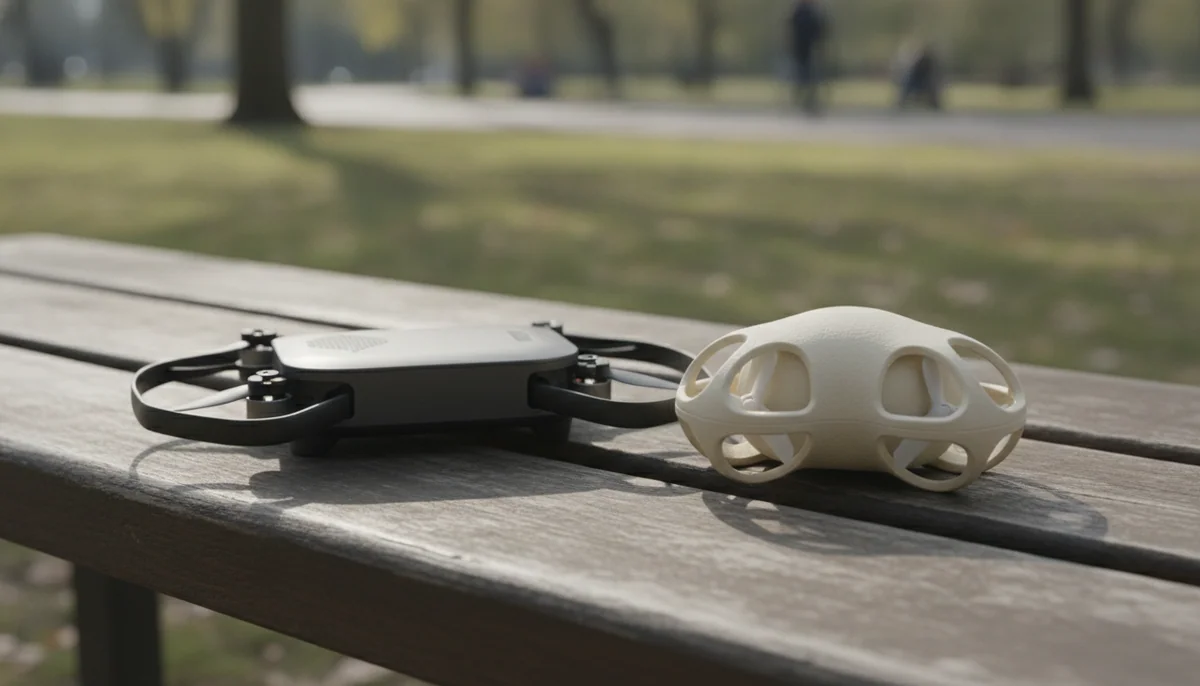 Two palm-sized drones on a park bench, one flat and rectangular with a fold-out frame and the other rounded with propeller cages