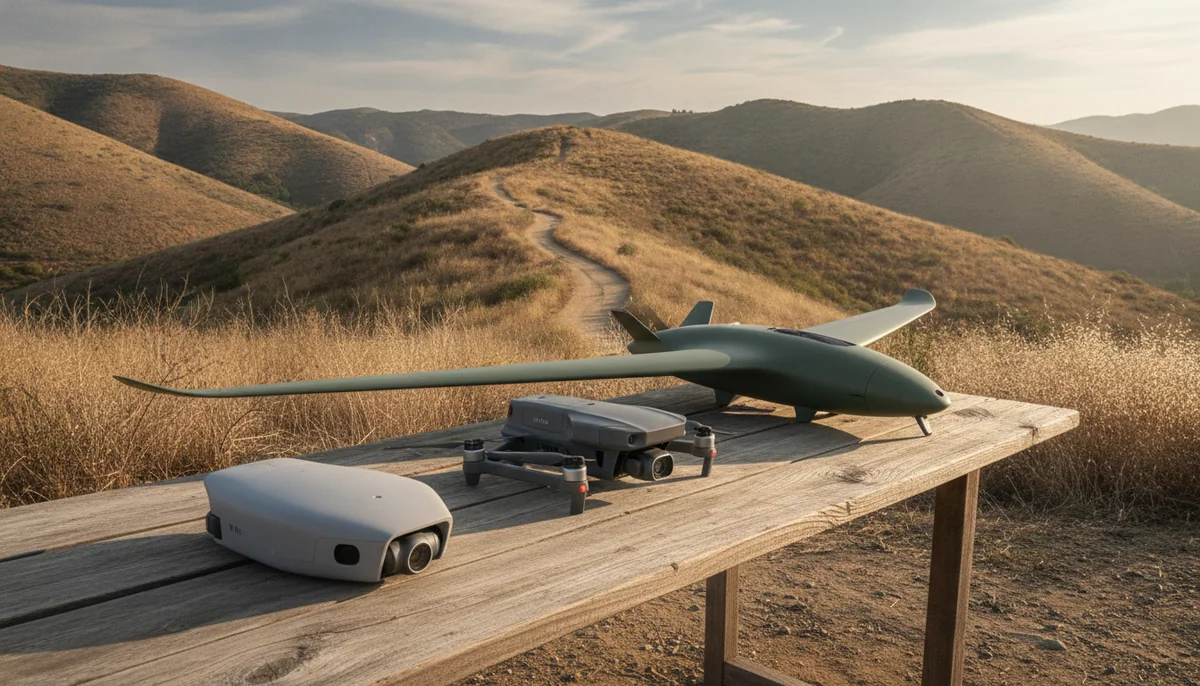 Three flat self-flying drones of increasing size lined up on an outdoor table with a trail and hills behind