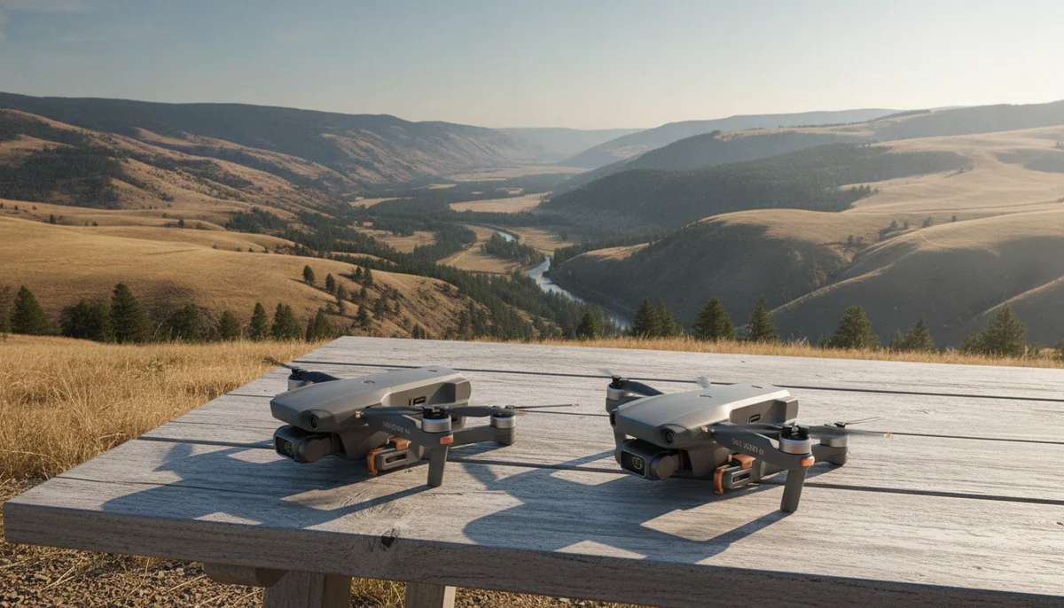 Two small folding drones from the same family side by side on an outdoor table with a valley behind them