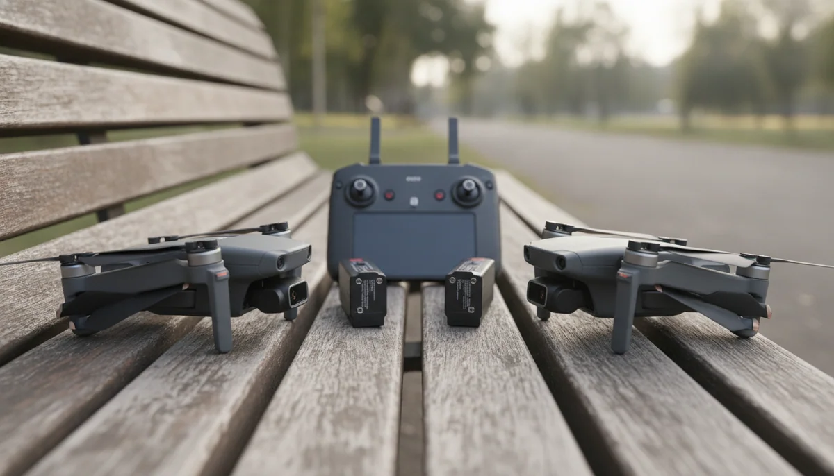 Two small folding drones facing each other on a wooden bench outdoors with a controller and two batteries between them