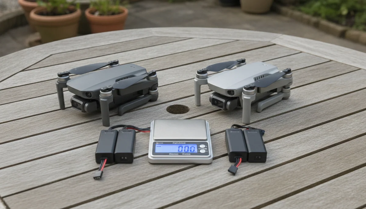 Two lightweight folding drones on a garden table with a small scale and two batteries between them