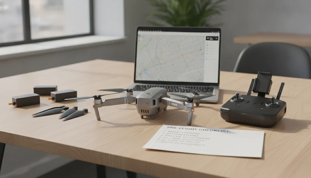 A wide desk with a folding drone, a controller, spare propellers, batteries, a printed checklist and an open laptop arranged across it